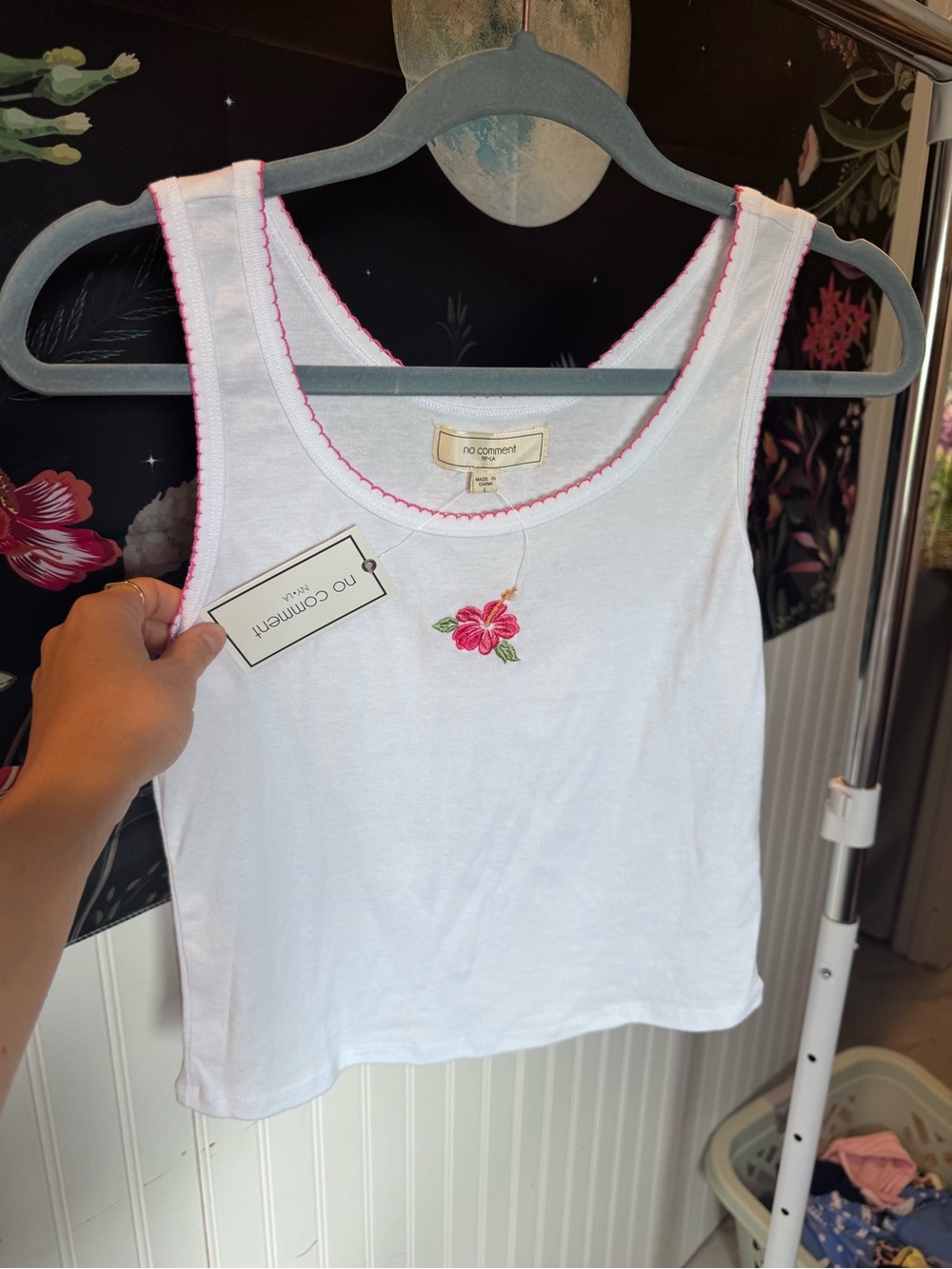 No Comment White Tank Top with Pink Floral Embroidery